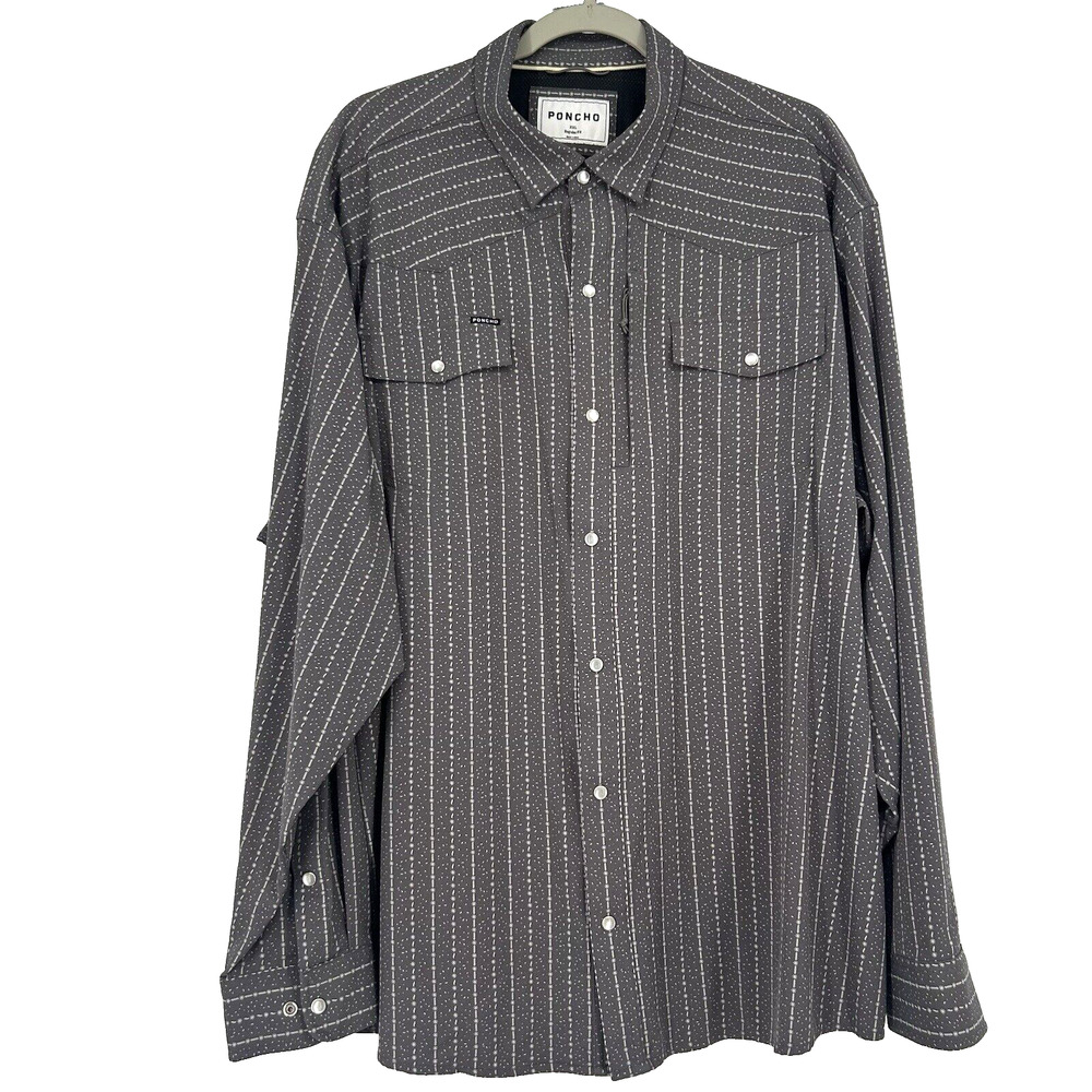Poncho Pearl Snap Shirt Gray Stripe Long Sleeve Western Zip Pocket Size XXL